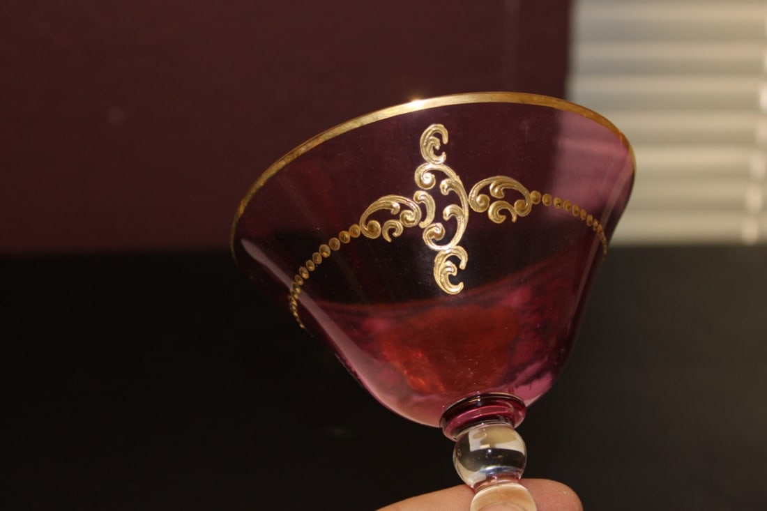 Hand Painted Cranberry Champagne Glass - 5