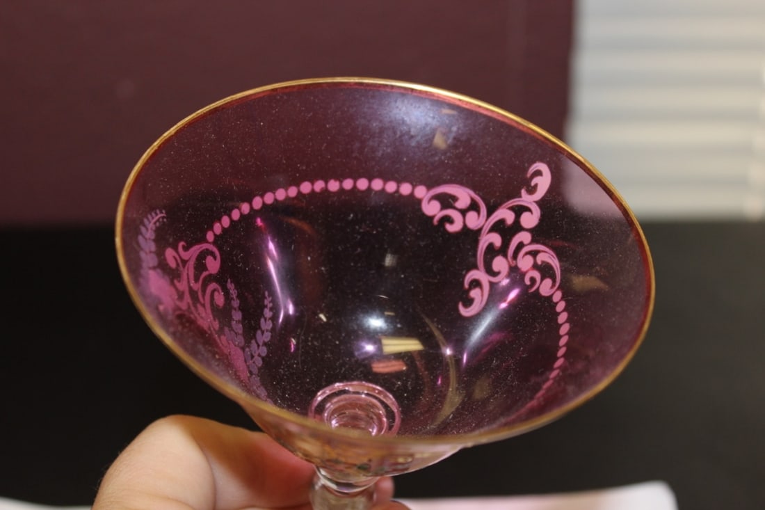 Hand Painted Cranberry Champagne Glass - 6