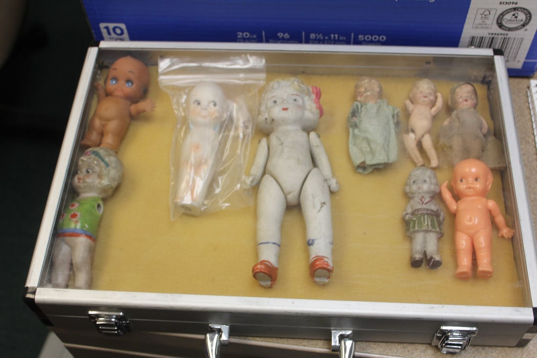 Lot of 5 Kewpie Dolls: vintage/antique - case included - tallest= 7 3/4"