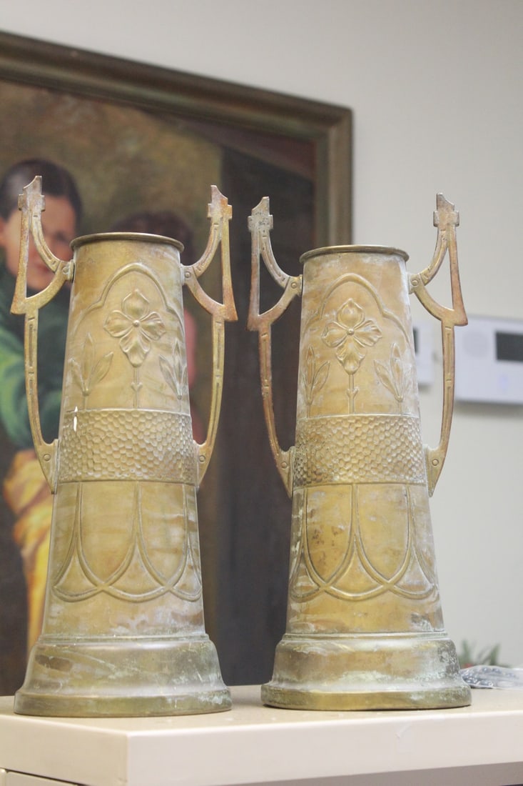 Art Nuveau pair of copper urns: please note: one has a minor dent on the bottom, as shown, 13 1/4" tall each