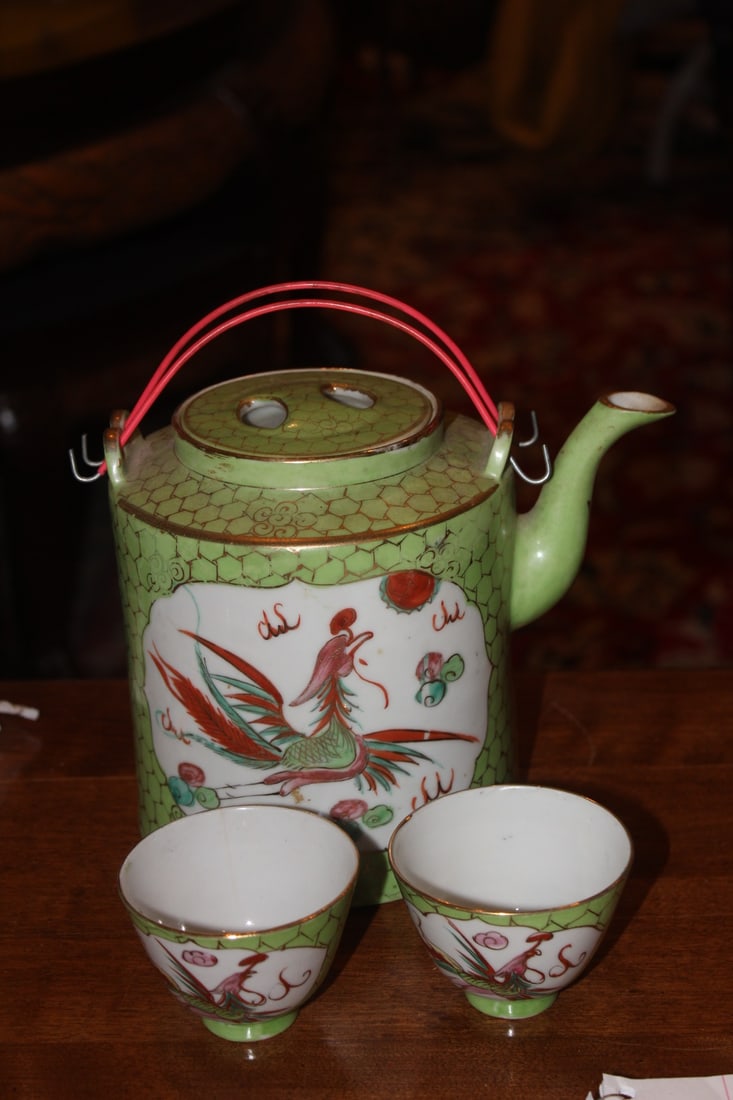 Chinese Vintage Dragon and Phoenix Teapot: with two teacups - teapot= 7 1/2" wide