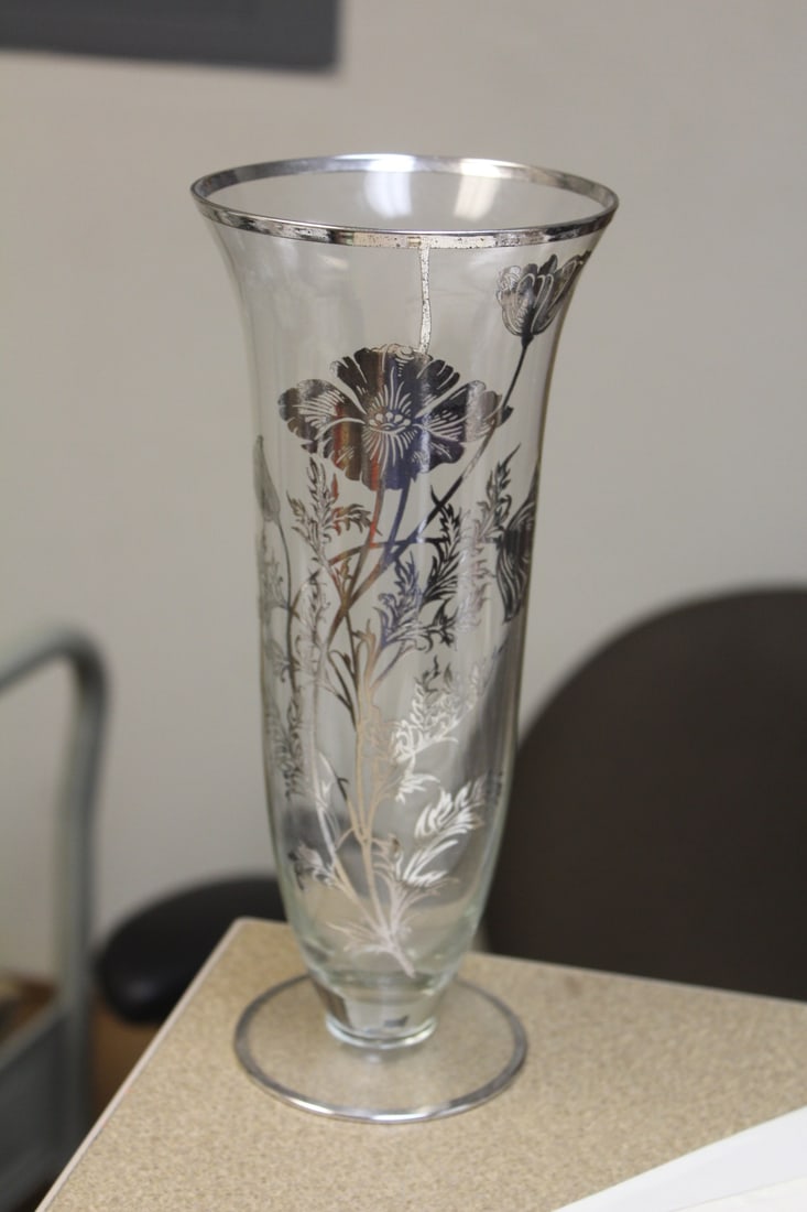 Silver Overlay on Glass Beaker Vase: 9 7/8" tall