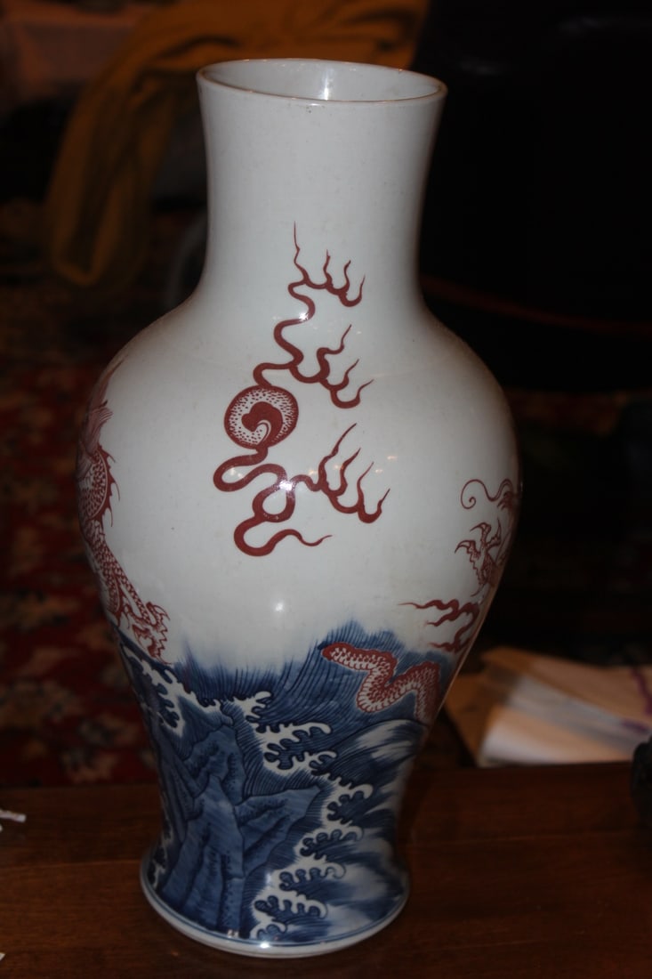 Large Signed Iron Red Two Dragon Vase - 4