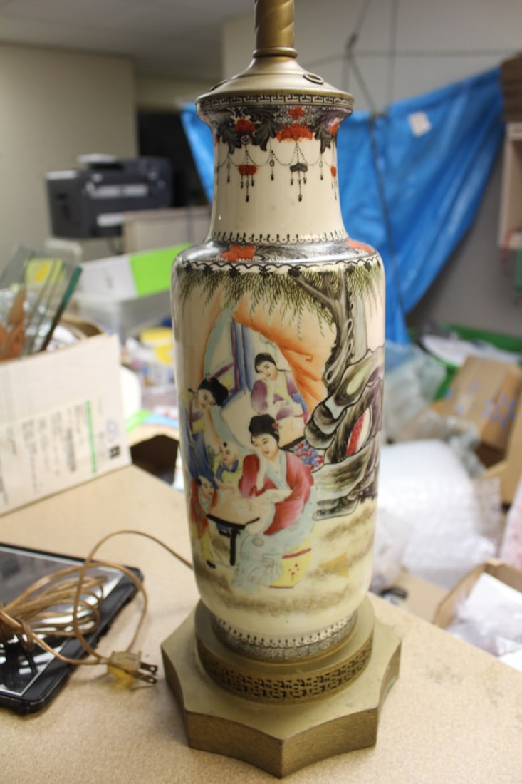 Antique Chinese Porcelain Vase: turned into a lamp - appeared to be hand painted and signed - porcelain part= 13 1/2" tall