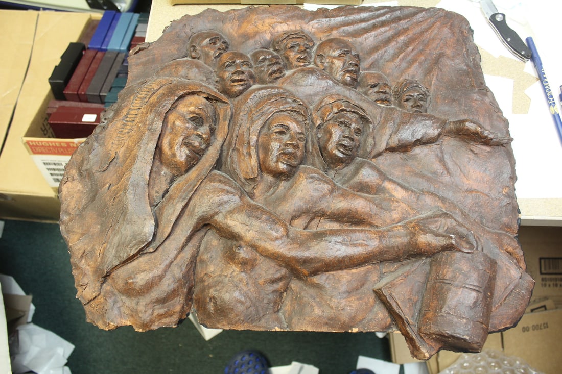 Signed Ach Terracotta Plaque: approximately 20 inches across - signed Ach or Harold Ach