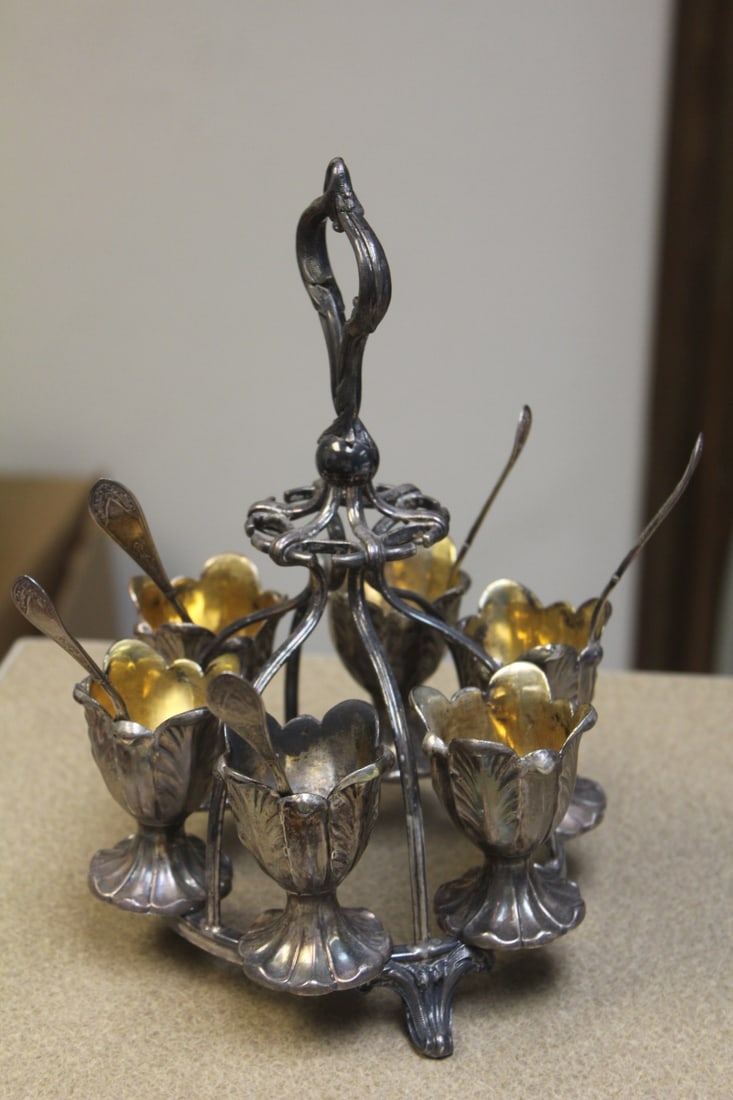 Gold Wash Silverplate Desert Set: most likely 19th century - please note: missing one spoon and one other spoon is slightly bent - 9 1/4" tall