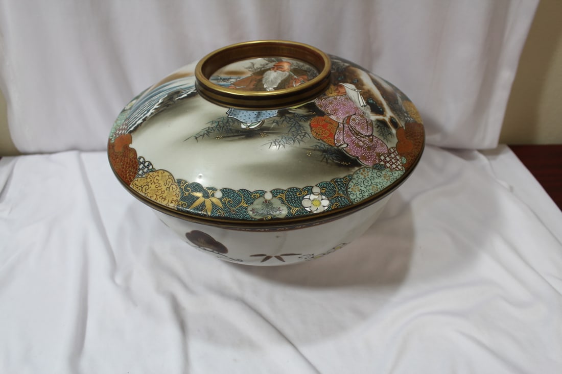 A Large Kutani Bowl with Lid: signed - approximately 11 1/2" in diameter - possibly imperial