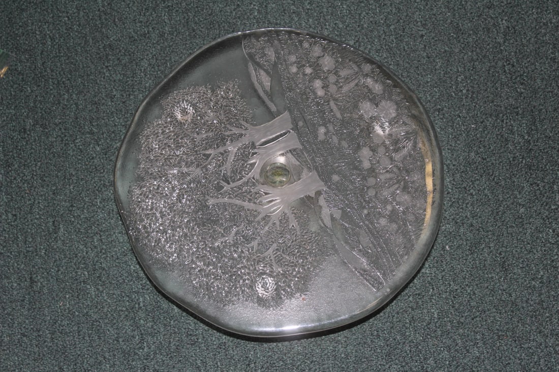 Carved/Press Glass Cake Stand: 13 1/4" in diameter - 4" tall