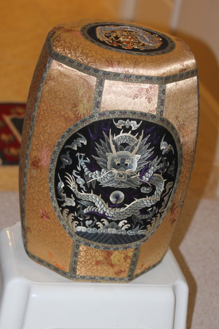 Chinese Embroidery Indoor Garden Seat: Beautifully executed with dragon and golden fabric. Circa 20th C. Measures 17 1/4" tall.