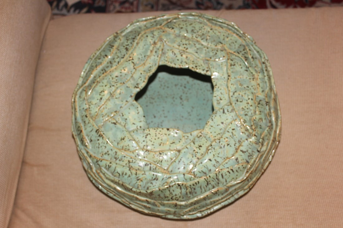 Large Cabbage Pottery Basin: possibly Raku - signed: Blackwell - 13 1/2" in diameter