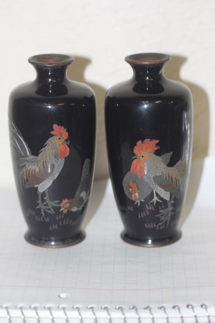 Pair of Japanese Cloisonne Vases: Rooster motif - 5 inches tll each - 19th century