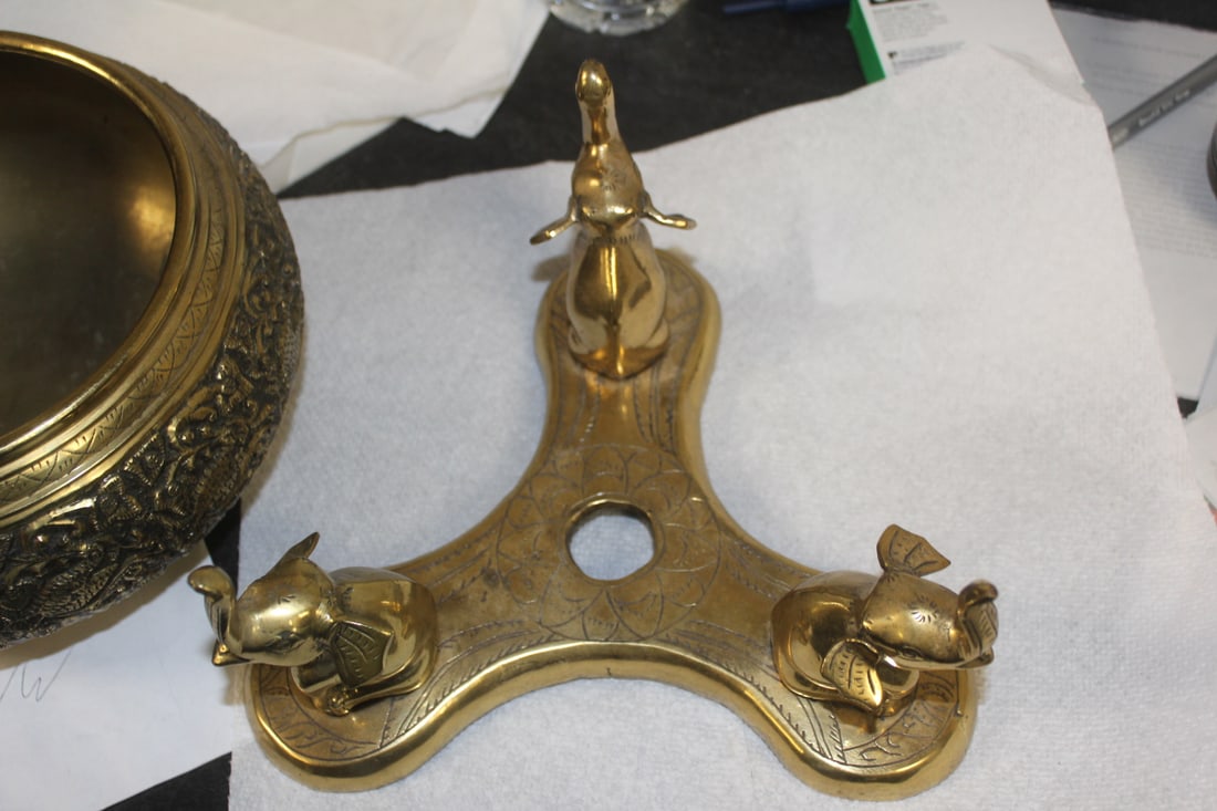 Ornate Brass Bowl on Elephant Stand - 2