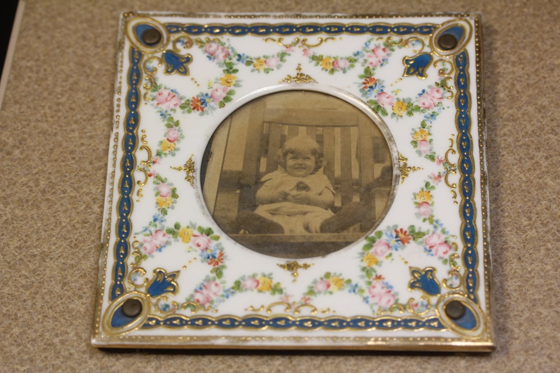Antique Porcelain Picture Frame: overall= 5 5/8" square - middle= 2 3/4" in diameter