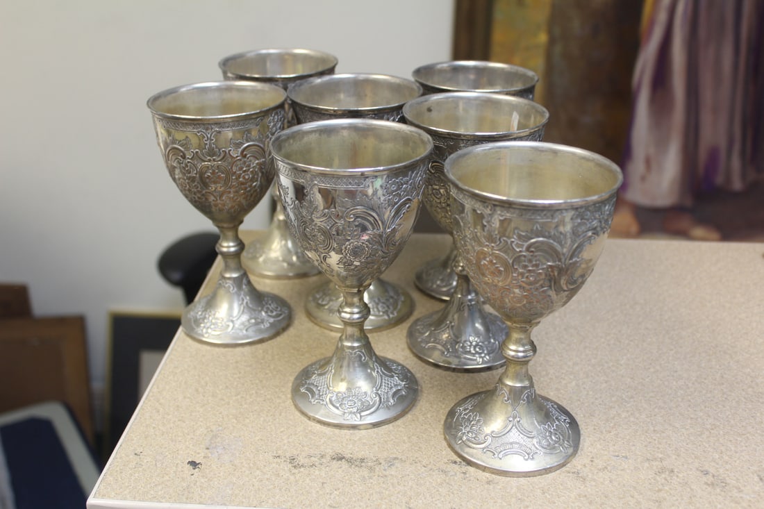 Ornate Silverplate Goblets: set of 7 - marked - 6 3/8" tall