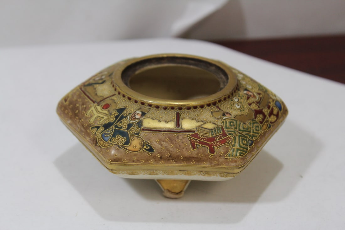 A Signed Satsuma Incense Burner: 3-legged - please note: no lid - probably by Kozan - 4 7/8" across