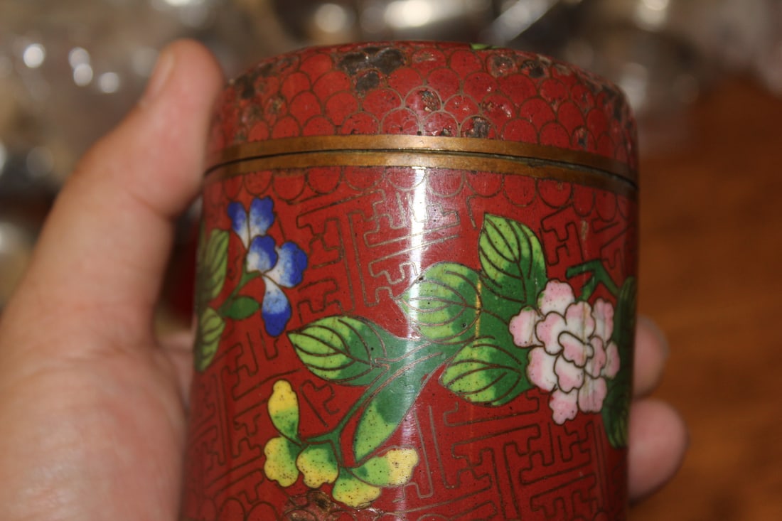 Antique Chinese Cloisonne Cylinder Container - 5