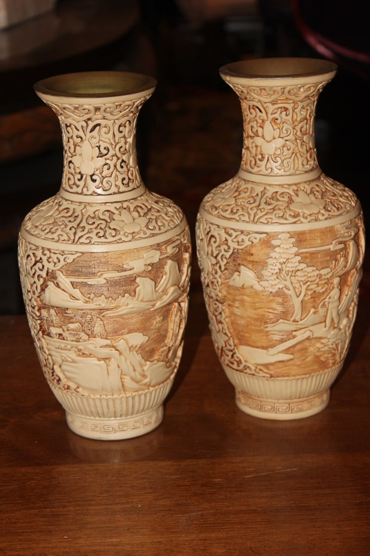 Pair of Chinese Cinnabar Style Vases - 2