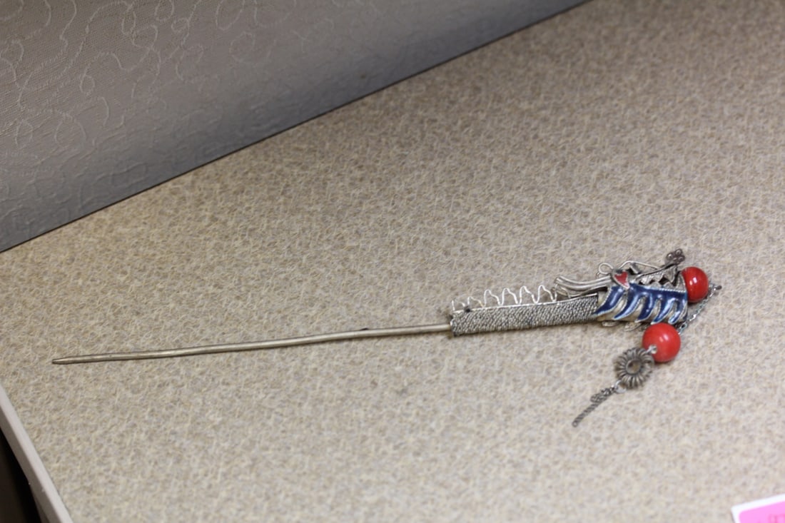 Chinese Enamel Hairpin: dragon motif - 8 1/4" long