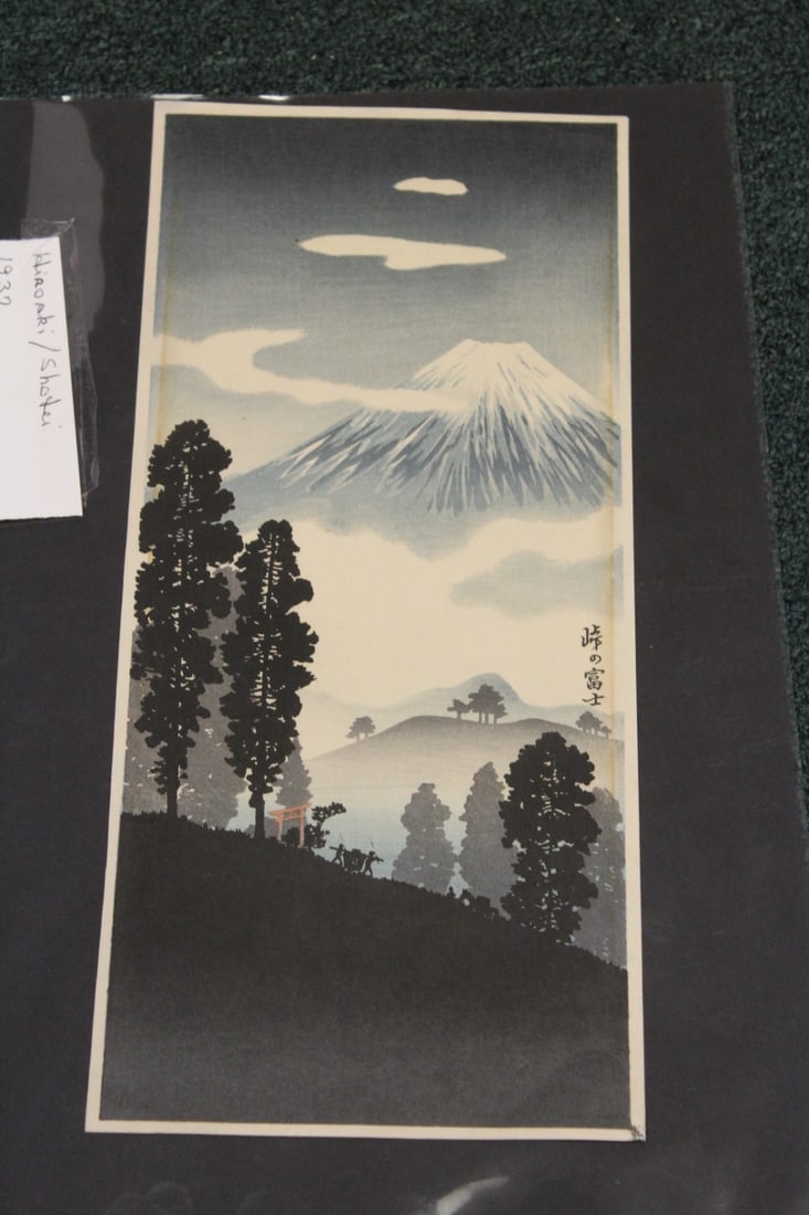 Japanese Woodblock Print After Hioraki Shotei: Shotei or in the style of Shotei - "Fuji seen from the pass" - a rare varian print, most likely second state - please note: stain on the sight side - 6 7/8" x 15 1/8" (print only)