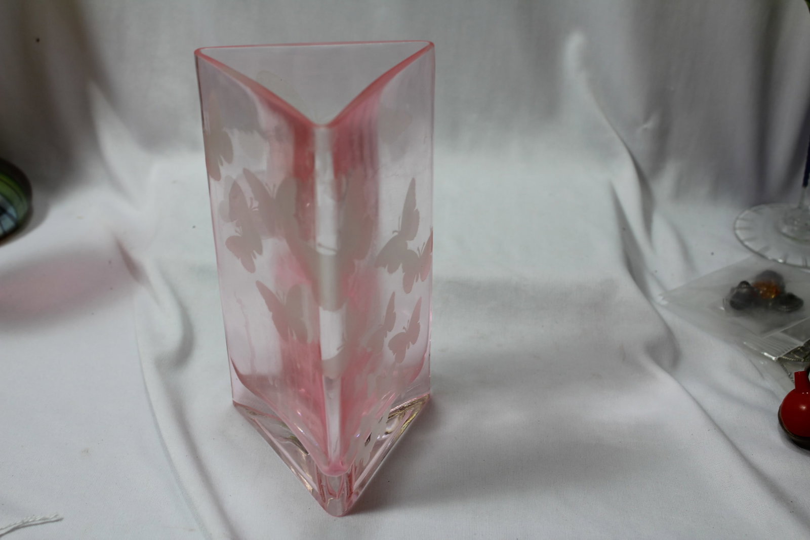 A Pink Etched Glass Butterfly Vase - 6