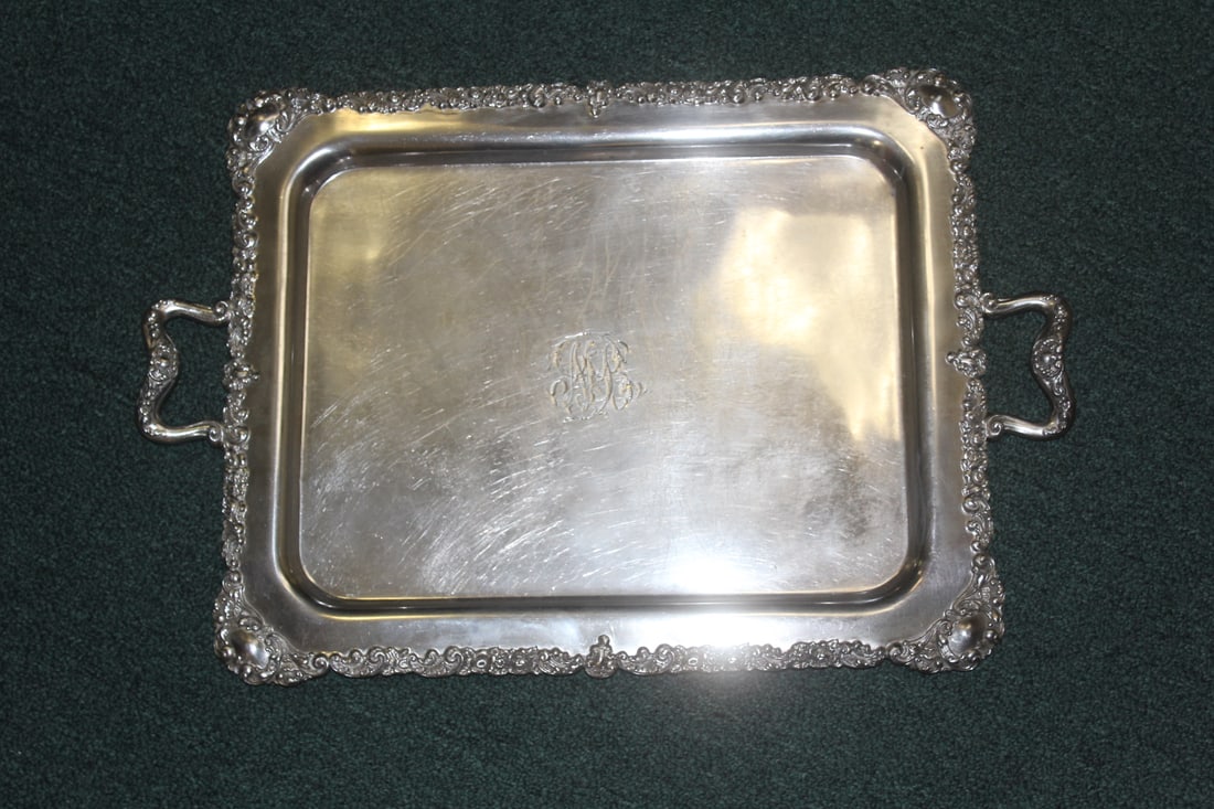 Ornate Silverplate Two Handle Tray: please note: monogrammed - 21 1//2" x 14"