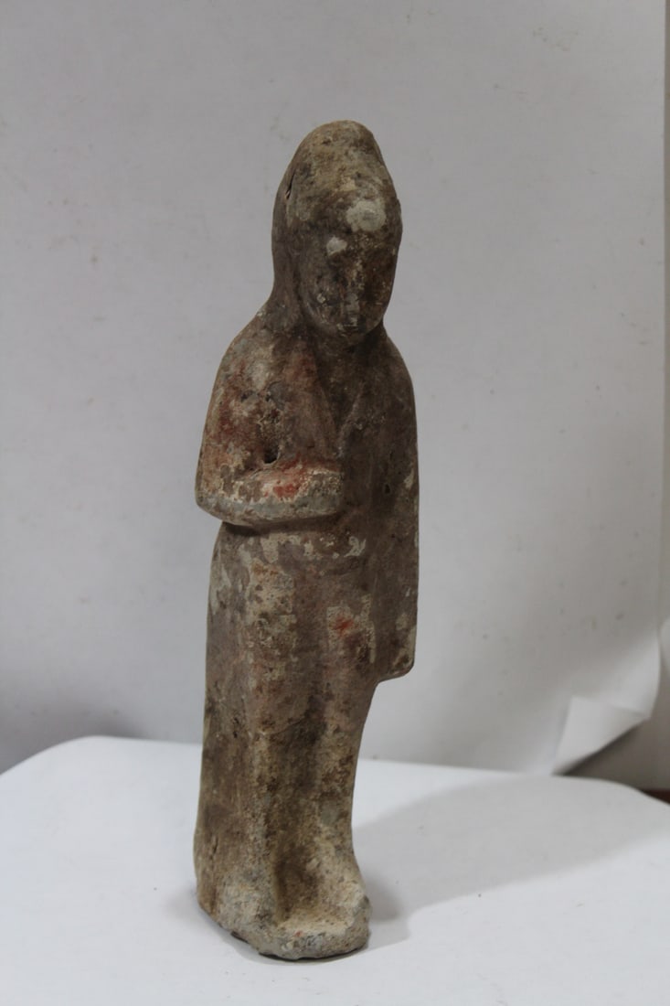 A Polychrome Tang Dynasty? Earthenware Attendant: still have traces of color left - 9 1/8" tall