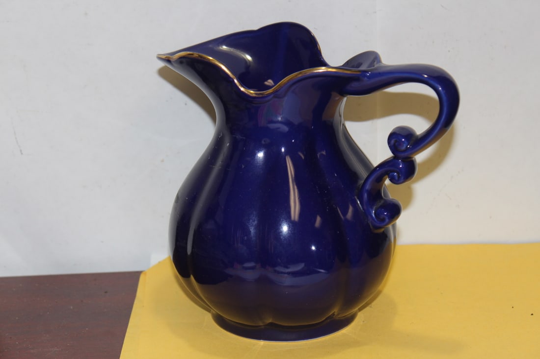 A Vintage Cobalt Blue Ceramic Pitcher - 2