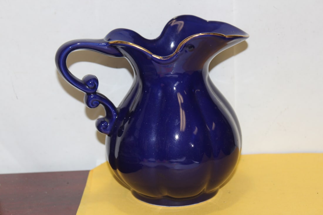 A Vintage Cobalt Blue Ceramic Pitcher - 3