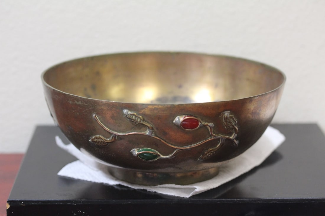 A Chinese Brass Bowl with Stones: please note= missing one stone - marked China - 7 1/2" in diameter