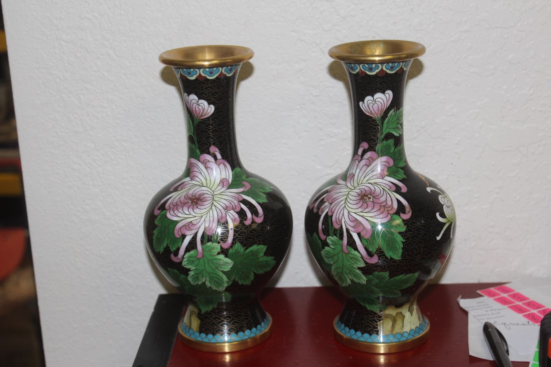 Pair of Chinese Cloisonne Vases: 9 1/4" tall each