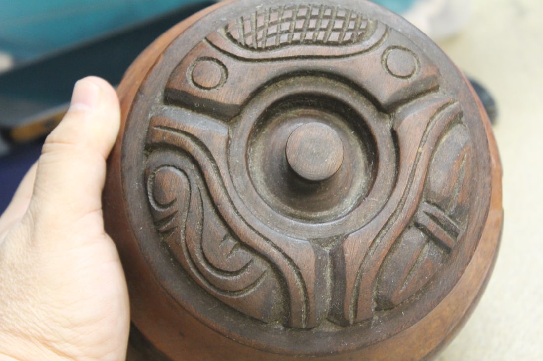 Signed Carved Wood Container - 4