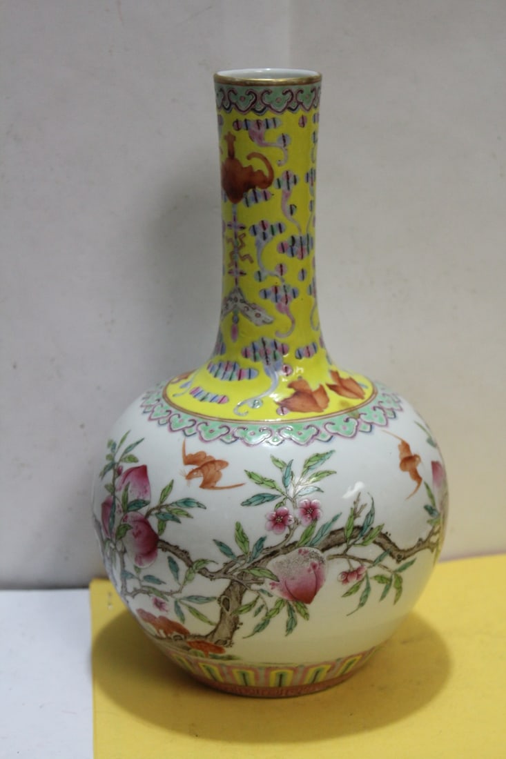 A Signed Antique Chinese Vase: most likely late 19th to early 20th century - with bats - 9 3/4" tall