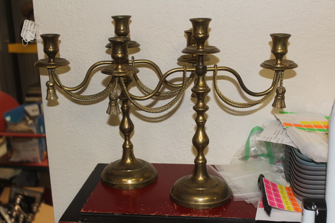 Pair of Brass Candle Holders: with tassels - 12 1/2" tall by 12 1/2" wide