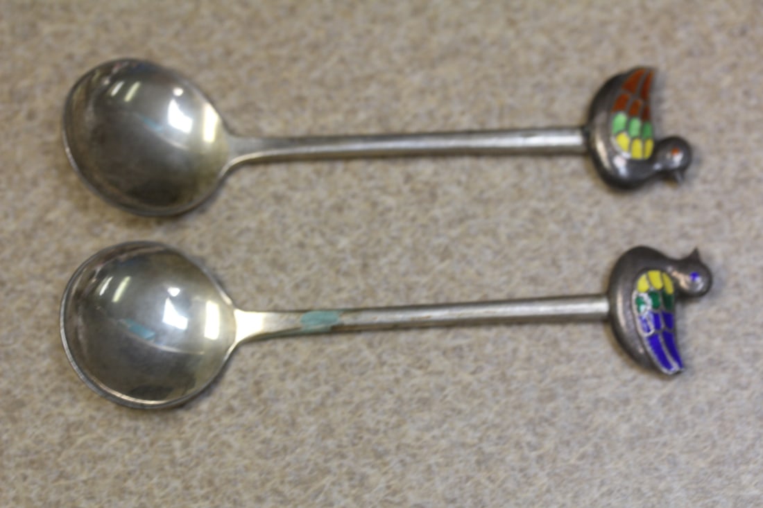 Set of 2 Cloisonne Spoons: duck motief - 4 3/8" long each
