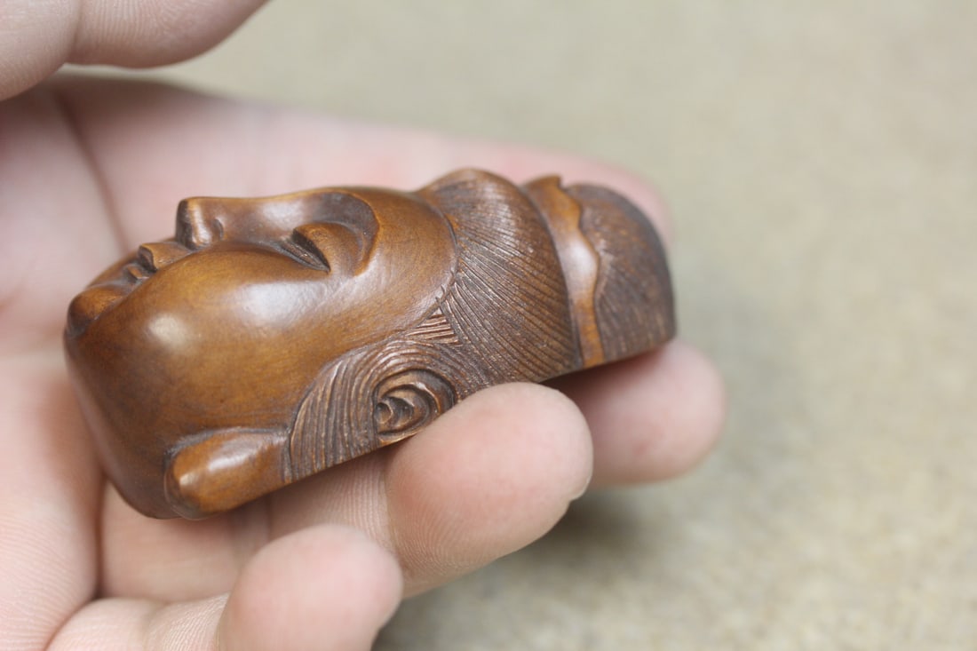 Signed Japanese Wood Netsuke Face - 2
