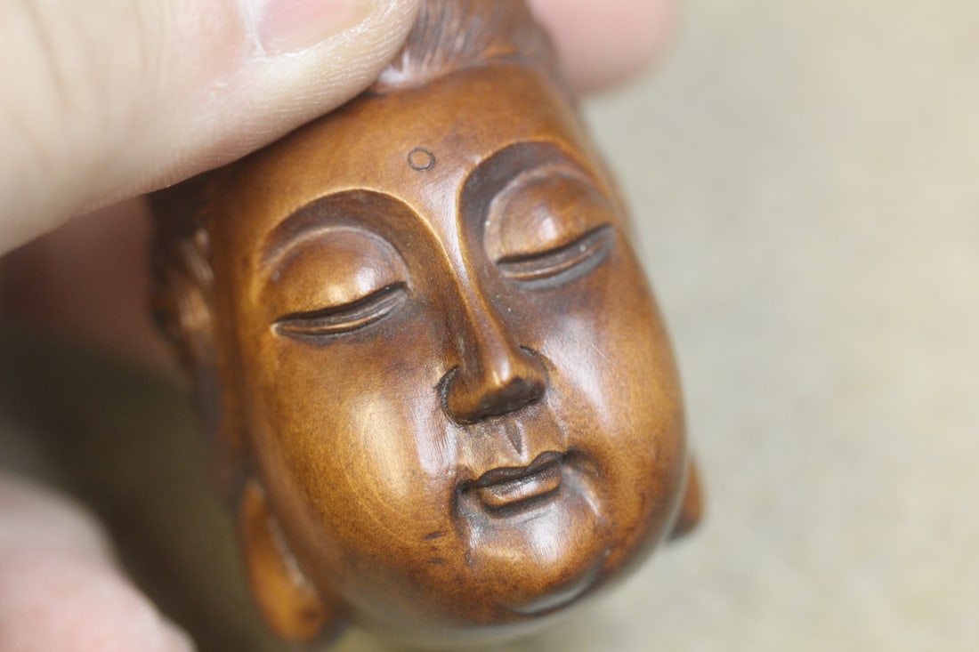 Signed Japanese Wood Netsuke Face - 3