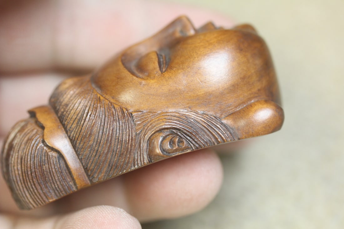 Signed Japanese Wood Netsuke Face - 4