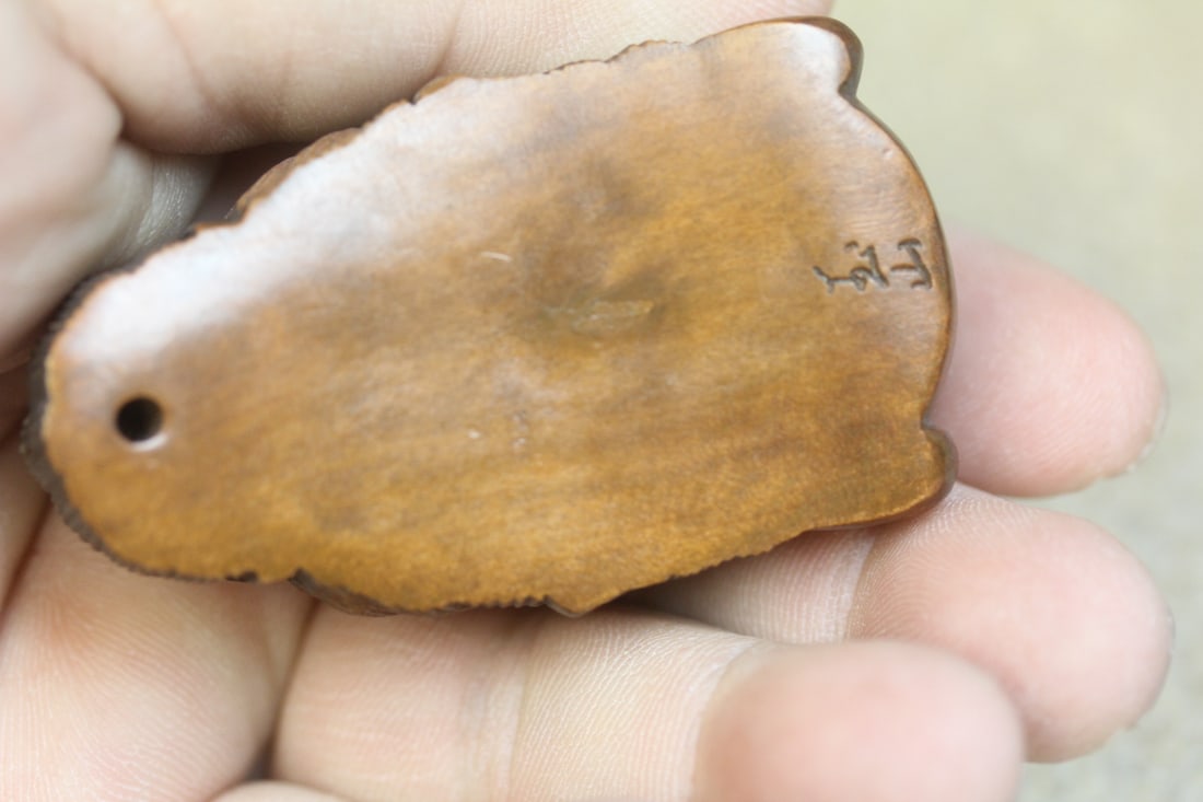 Signed Japanese Wood Netsuke Face - 6