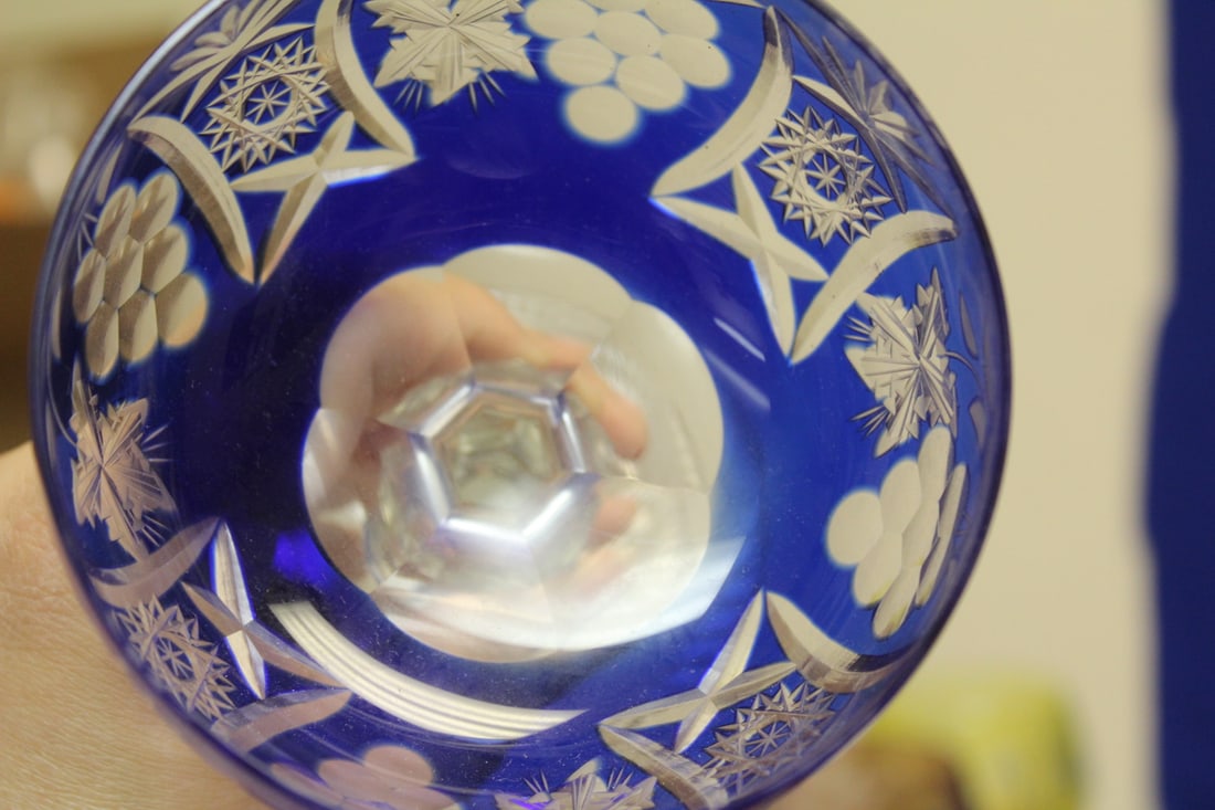 A Cobalt Blue Cut Glass Wine Goblet - 7