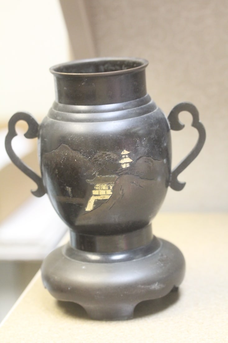 Japanese Vase on Stand: vintage - mixed metal - please note: stand attached to the vase - overall= 7 1/8" tall