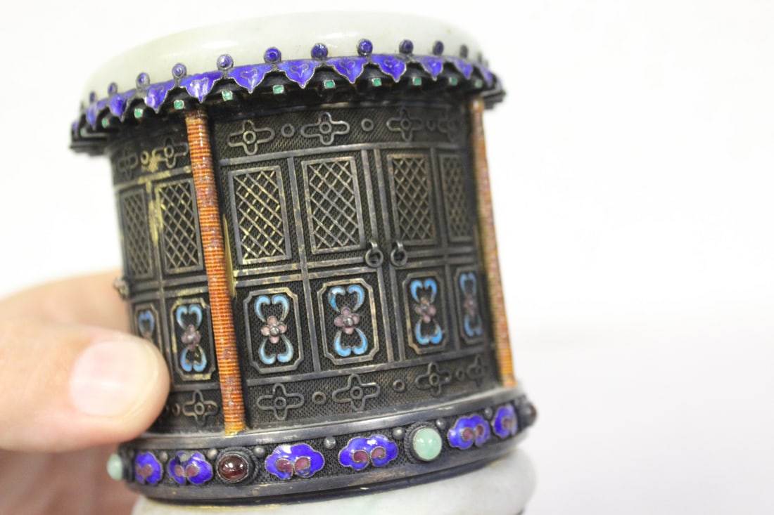 An Antique Chinese Silver and Jade Tea Caddy - 8
