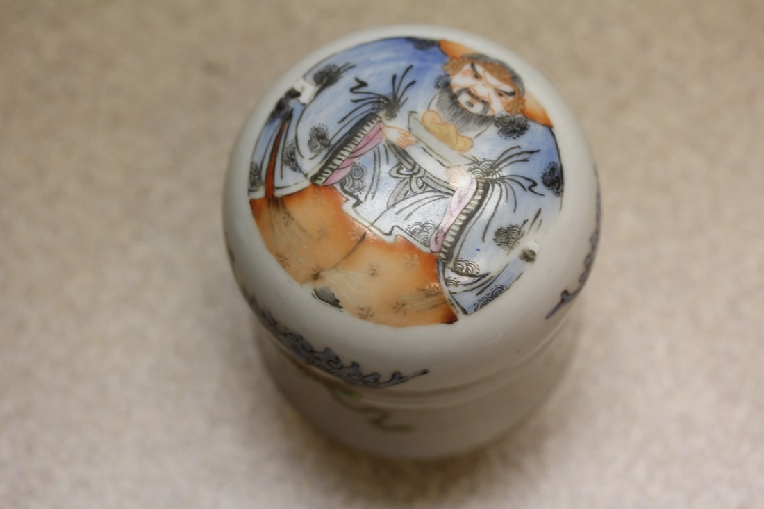 Antique/Vintage Cup with Bat and Warrior Design: most likely 19th century Chinese or Japanese - 3 inches tall
