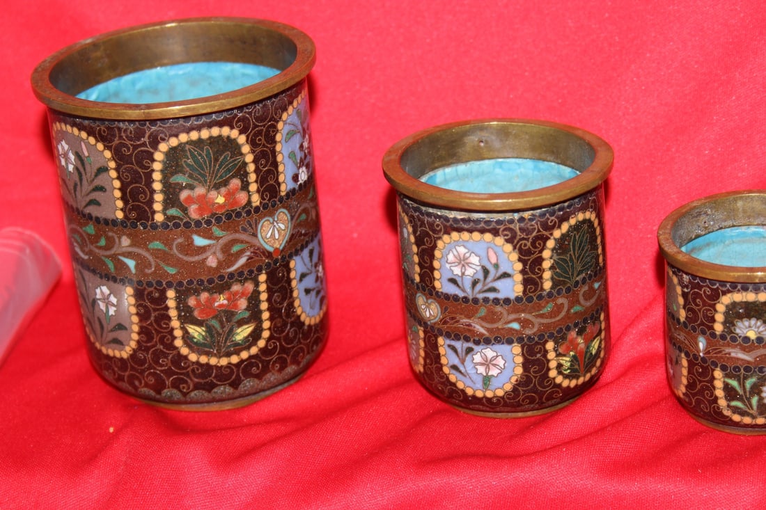 Set of 3 Japanese Cloisonne Cylinder Container - 2