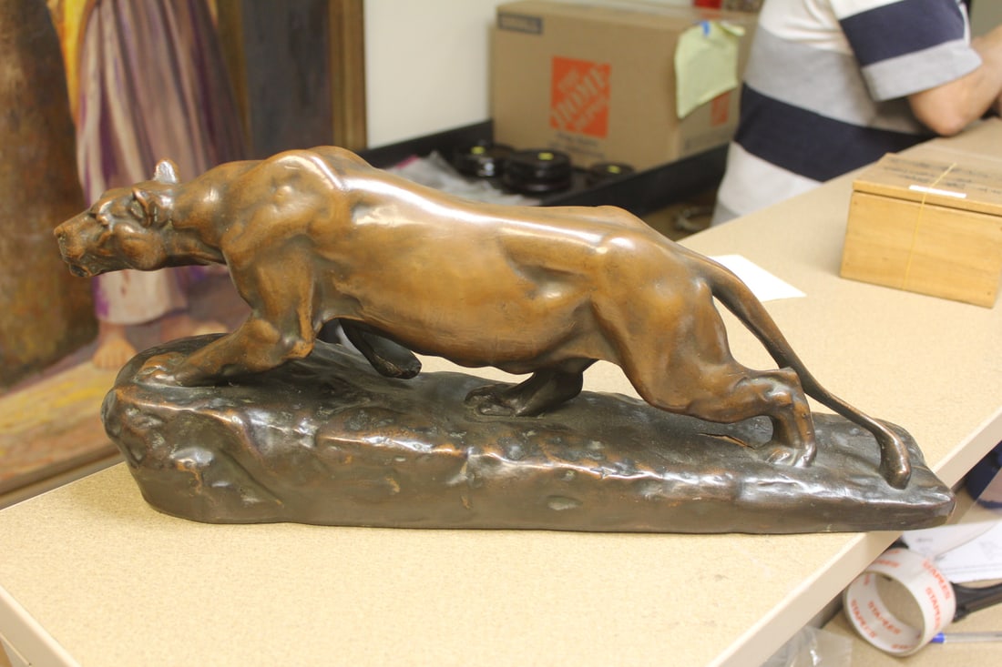 Vintage/Antique Leopard or Lion: appeared to be signed - most likely bronze - nice patina - 19" long