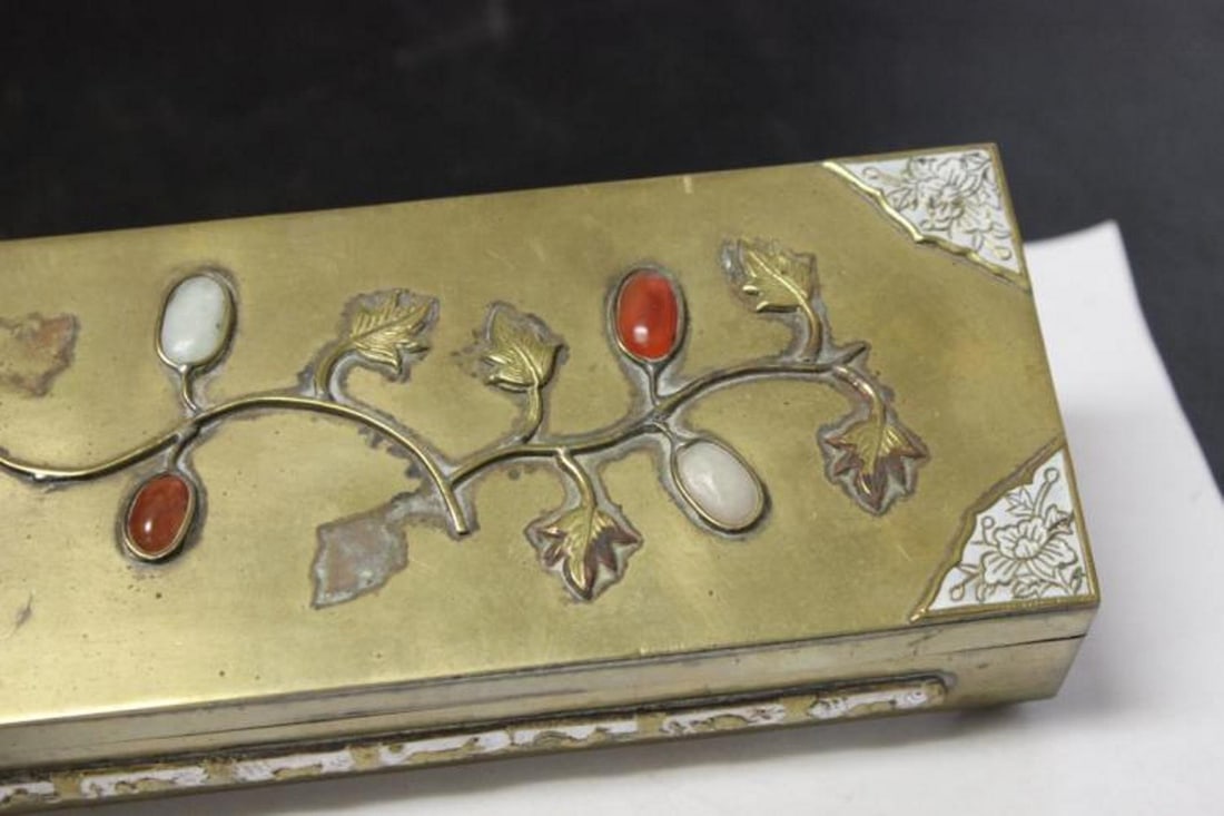 A Chinese Jade, Carneillian Enamel Brass Box - 2
