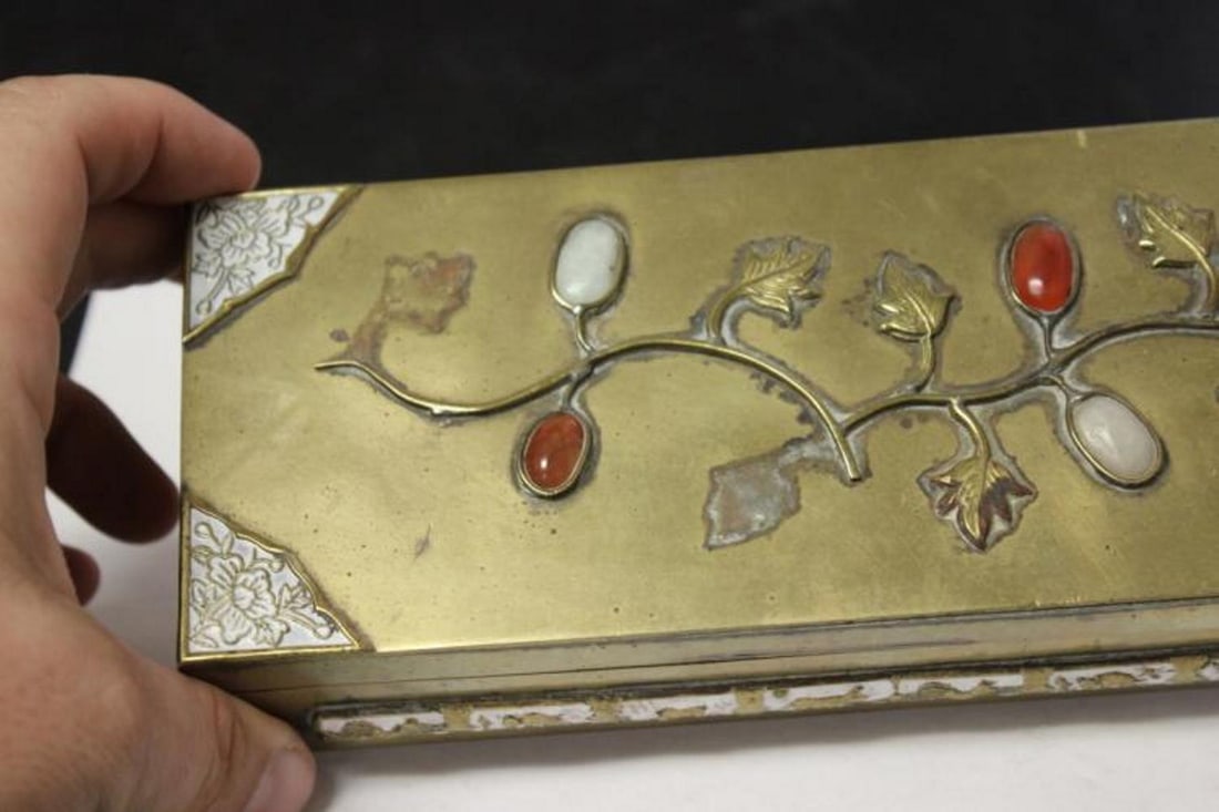 A Chinese Jade, Carneillian Enamel Brass Box - 3