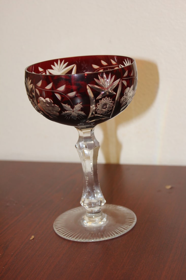 A Ruby Red Cut Glass Wine Goblet: 6 1/4" tall