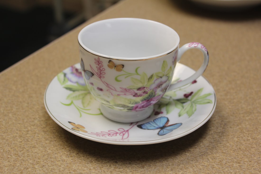 Floral and Butterfly Cup and Saucer: 2 1/2" tall - unmarked