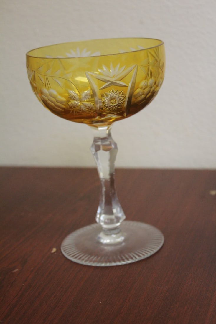 A Yellow Cut Glass Wine Goblet: 6 1/4" tall