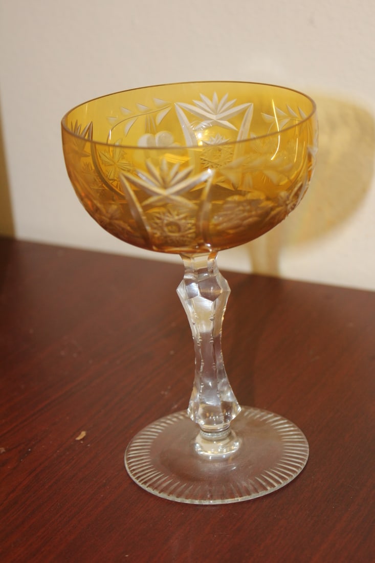A Yellow Cut Glass Wine Goblet - 3